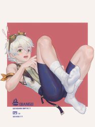 Rule 34 | !, !!, 1boy, armband, artist name, bennett (genshin impact), bishounen, english text, feet, genshin impact, goggles, goggles on head, green eyes, highres, legs, lying, male focus, open mouth, qiangu2021, short hair, shorts, sleeveless, socks, solo, surprised, thighs, white hair
