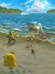 artist_name cloud commentary_request creatures_(company) day dedenne footprints game_freak gen_1_pokemon gen_3_pokemon gen_6_pokemon gen_8_pokemon highres morpeko morpeko_(full) nintendo no_humans outdoors pelipper pokemon pokemon_(creature) psyduck raft sand satsuki_(pixiv44579273) shore silhouette sky staryu water wingull