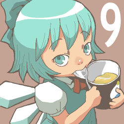Rule 34 | 1girl, blue dress, blue eyes, blue hair, bow, brown background, cirno, closed mouth, commentary request, cup, dress, hair bow, holding, holding cup, holding spoon, ice, ice wings, looking at viewer, lowres, onikobe rin, puffy short sleeves, puffy sleeves, short hair, short sleeves, simple background, solo, spoon, touhou, upper body, wings