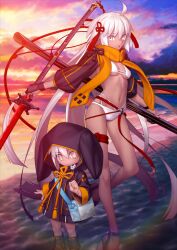 2girls :o age_difference ahoge animal_ear_hood armor bag beach bikini black_boots black_coat black_sandals black_shrug blue_bag blunt_ends boots breasts bright_pupils child chinese_knot coat dark-skinned_female dark_skin fake_animal_ears fate/grand_order fate_(series) finger_cots floating_hair game_cg grey_eyes hair_between_eyes hair_ornament hand_up height_difference holding holding_sheath holding_sword holding_weapon hood hood_up hooded_coat huge_weapon japanese_armor kote kurokote leg_up long_hair long_sleeves looking_at_viewer multi-strapped_bikini_bottom multi-strapped_bikini_top multiple_girls navel official_art okita_souji_(fate) okita_souji_alter_(swimsuit_saber)_(fate) okita_souji_alter_(swimsuit_saber)_(first_ascension)_(fate) orange_scarf outstretched_arms parted_lips platform_sandals puffy_long_sleeves puffy_sleeves rengoku_(fate) rengoku_(first_ascension)_(fate) rengoku_(sword)_(fate) sand sandals scarf sheath shoulder_bag shrug_(clothing) sidelocks small_breasts standing standing_on_one_leg stomach swimsuit sword takeuchi_takashi tassel thigh_strap third-party_source underboob unsheathed variant_set very_long_hair water weapon white_bikini white_hair white_pupils yellow_eyes
