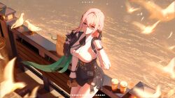 1girl absurdres aoiro_xiaolan artist_name bird black_gloves black_skirt breasts buttons character_name copyright_logo dress_shirt drink earrings fence food from_above glasses gloves hair_between_eyes high-waist_skirt highres holding jewelry lake large_breasts long_hair long_sleeves looking_at_viewer necktie outdoors pencil_skirt pink_hair seagull shirt sidelocks skirt smile solo thighs tsukishiro_yanagi white_shirt wristband zenless_zone_zero