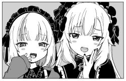 1boy 1girl blush border collar collared_dress crossdressing dress fangs frilled_collar frilled_hairband frills furrowed_brow hairband hand_up highres jacket laughing long_hair looking_at_viewer mado_(mado83893768) maid_headdress makaino_ririmu makaino_ririmu_(5th_costume) nail_polish nijisanji official_alternate_costume short_hair sleeves_past_wrists teeth trap upper_body upper_teeth_only uzuki_kou uzuki_kou_(4th_costume) v-shaped_eyebrows virtual_youtuber