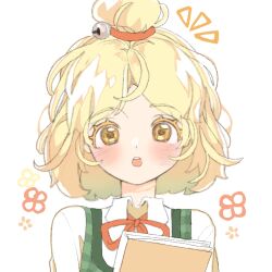 1girl :o animal_crossing bell blonde_hair blush collared_shirt colored_eyelashes green_vest holding humanization isabelle_(animal_crossing) jingle_bell looking_at_viewer medium_hair nintendo open_mouth portrait red_ribbon ribbon shirt simple_background solo topknot vest white_background white_shirt xiao_bu_san yellow_eyes