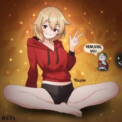 1girl bare_legs barefoot black_shorts blonde_hair borrowed_character centurii-chan_(character) drawstring feet full_body grin hair_between_eyes hood hood_down hoodie long_sleeves looking_at_viewer original red_eyes red_hoodie short_hair short_shorts shorts sitting smile solo toes w yellyvi