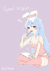 Rule 34 | 1girl, animal ear fluff, animal ears, bare arms, bare shoulders, blue hair, breasts, brown eyes, brushing teeth, camisole, cleavage, commentary request, crossed legs, don-chan (usada pekora), english text, frilled camisole, frills, hair between eyes, highres, holding, holding toothbrush, hololive, kiritoma, long hair, no shoes, pink camisole, pink shorts, pink thighhighs, purple background, rabbit-shaped pupils, rabbit ears, short eyebrows, short shorts, shorts, signature, sitting, small breasts, solo, strap slip, symbol-shaped pupils, thick eyebrows, thighhighs, toothbrush, usada pekora, very long hair, virtual youtuber