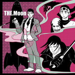 Rule 34 | 3boys, arm behind back, character request, cigarette, cigarette holder, closed mouth, copyright name, eyelashes, full body, gloves, greyscale with colored background, headband, holding, holding mask, holding sword, holding weapon, kyougeki649, looking at viewer, male focus, mask, monster, multiple boys, necktie, pink background, rocket ship, scar, scar across eye, scar on face, short hair, smoke, smoking, spacecraft, standing, sword, the moon (manga), vest, weapon