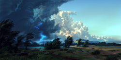 absurdres blue_sky cloud commentary english_commentary grass highres landscape nature no_humans original outdoors philipp_urlich scenery sky tree wind