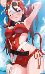 1girl :p absurdres animal_ears arm_behind_head armpits black_hair blue_eyes blue_sky blush breasts cloud commentary covered_navel cowboy_shot cumulonimbus_cloud day dice_hair_ornament extra_ears eyewear_on_head frilled_one-piece_swimsuit frills from_below hair_ornament hakos_baelz hakos_baelz_(holonatsu_paradise) hand_in_own_hair highres hololive hololive_english holonatsu_paradise long_hair looking_at_viewer medium_breasts mouse_ears mouse_girl mouse_tail multicolored_hair nobarts ocean one-piece_swimsuit one_eye_closed outdoors red_hair red_one-piece_swimsuit red_tail sky solo streaked_hair swimsuit tail tongue tongue_out virtual_youtuber wading wet white_hair
