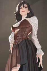 Rule 34 | 1girl, absurdres, arm at side, black hair, black skirt, blue eyes, breasts, brown hair, bustier, closed mouth, collared shirt, commentary, cowboy shot, english commentary, eyeshadow, hair between eyes, hand on own hip, highres, leather, lipstick, long sleeves, looking to the side, makeup, medium hair, ori dal, original, pleated skirt, red lips, shirt, skirt, smile, solo, white shirt