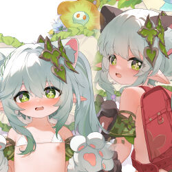 1girl animal_ears animal_hands backpack bag bikini bikini_top_lift cat_ears clothes_lift cross-shaped_pupils dakimakura_(medium) fake_animal_ears genshin_impact gloves gradient_hair green_eyes green_hair grey_hair highres loli lying multicolored_hair multiple_views nahida_(genshin_impact) nipples on_back open_mouth paw_gloves pointy_ears randoseru red_bag shio_(shiofeifei) side_ponytail swimsuit symbol-shaped_pupils white_bikini
