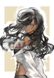 Rule 34 | 1girl, arms behind back, artist request, bare shoulders, black hair, black undershirt, border, brown background, centurion (reverse:1999), closed mouth, commission, dark-skinned female, dark skin, drop shadow, earrings, floating hair, from side, hair over one eye, highres, jewelry, long hair, long sleeves, looking at viewer, midriff, multicolored hair, off shoulder, one eye covered, outside border, reverse:1999, second-party source, shirt, smile, solo, streaked hair, upper body, watermark, white border, white hair, white shirt, yellow eyes