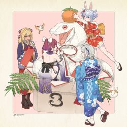 4girls animal_ears bare_shoulders blonde_hair blue_kimono chinese_zodiac dark-skinned_female dark_elf dark_skin elf high_ponytail highres hololive hololive_fantasy houshou_marine houshou_marine_(new_year) japanese_clothes kimono long_hair medium_hair moto_oji-san multiple_girls new_year pointy_ears ponytail rabbit_ears rabbit_girl red_eyes red_hair shiranui_flare shirogane_noel snake usada_pekora virtual_youtuber white_kimono white_snake year_of_the_snake