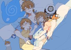 1girl 2boys absurdres ahoge arm_around_shoulder bed_sheet blue_shirt brother_and_sister brothers character_doll child clothes_grab collarbone collared_shirt colored_eyelashes commentary cowboy_shot cowlick crack_of_light cuddling doll drooling dutch_angle fingernails from_above genshin_impact groin hair_between_eyes hatching_(texture) head_on_pillow highres knees lanyingyueye0 light_blush linear_hatching long_hair lying midriff_peek multiple_boys navel on_back on_side orange_hair pale_skin parted_lips piercing_hole pillow pink_shirt pink_shorts raised_eyebrows ruin_guard_(genshin_impact) shirt shirt_grab short_hair short_sleeves shorts siblings sleeping sleeping_together stuffed_narwhal stuffed_toy swept_bangs symbol-only_commentary tartaglia_(genshin_impact) teucer_(genshin_impact) thumb_sucking tonia_(genshin_impact) under_covers yellow_shirt yellow_shorts