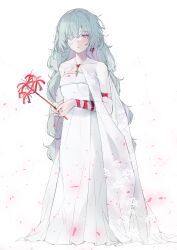 Rule 34 | 1girl, absurdres, alternate costume, bandage over one eye, braid, breasts, commentary request, dress, earrings, flower, full body, grey eyes, grey hair, highres, holding, holding flower, jewelry, long hair, looking at viewer, low twin braids, parted lips, phrolova (wuthering waves), red petals, red pupils, shigureszku, simple background, small breasts, solo, spider lily, standing, twin braids, very long hair, white background, white dress, wuthering waves