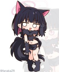 1girl animal_ears black_boots black_gloves black_hair black_scarf black_shirt black_skirt blue_archive blunt_bangs blush boots claw_pose colored_inner_hair commentary_request crop_top cropped_shirt full_body gloves halo hana_kazari hand_up highres jitome kazusa_(blue_archive) looking_at_viewer multicolored_hair navel o_o open_mouth pink_hair pink_halo scarf shirt short_hair simple_background skirt sleeveless sleeveless_shirt solo standing tail two-tone_hair white_background wolf_ears wolf_girl wolf_tail zoom_layer
