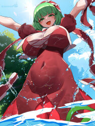 1girl arms_up blue_sky blunt_bangs breasts cloud commentary_request covered_navel cross-laced_clothes dress from_behind green_hair hair_ribbon highres kagiyama_hina large_breasts outdoors outstretched_arms pixiv_id red_dress red_ribbon ribbon see-through_clothes short_sleeves signature sky solo stomach touhou tree twitter_username umigarasu_(kitsune1963) wading water