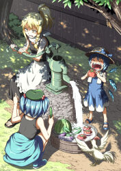 3girls apron bird black_dress black_tank_top blonde_hair blue_hair boots bug chicken cicada cirno commentary_request cucumber dress eggplant feet fence food frilled_apron frills fruit hair_bobbles hair_ornament hat highres ice ice_wings insect inuno_rakugaki kawashiro_nitori kirisame_marisa melting melting_wings multiple_girls outdoors rooster rubber_boots sandals sleeveless sleeveless_dress summer sun_hat sweat tank_top thumbs_up toes tomato topknot touhou tree tree_shade waist_apron watermelon well white_apron wings wooden_fence yellow_eyes
