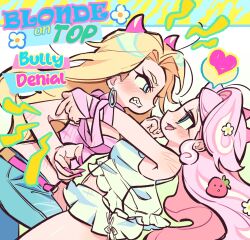 Rule 34 | 2girls, absurdres, blonde hair, highres, horns, kerberos (kerbe ), looking at another, multiple girls, nail polish, original, pink hair, yuri