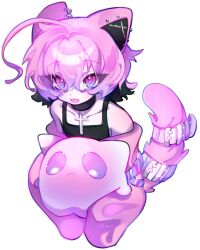 1girl 1other ahoge animal_ears artist_name bare_shoulders blush cat_ears choker cloud_(lufaeris) collarbone cross cross_choker dot_nose ear_piercing eyelashes hair_between_eyes highres jacket long_sleeves looking_at_viewer medium_hair open_mouth original piercing pink_eyes pink_hair pink_jacket pink_tail shoulder_blush sidelocks simple_background sleeves_past_wrists tail upper_body white_background
