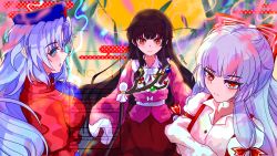 3girls absurdres bamboo bamboo_forest bow bow_(weapon) braid branch constellation constellation_print cross dress everyone fog forest fujiwara_no_mokou grey_hair hair_bow hat highres hime_cut hirwannew houraisan_kaguya imperishable_night jeweled_branch_of_hourai long_hair long_skirt moon multicolored_dress multiple_girls nature night night_sky nurse_cap ofuda ofuda_on_clothes red_cross red_eyes skirt sky suspenders torn_clothes torn_sleeves touhou trigram weapon white_bow white_hair yagokoro_eirin