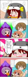 Rule 34 | 1boy, 3girls, 4koma, animal costume, apple, apple rabbit, asahina mikuru, comic, cosplay, costume, dog, dog costume, eggplant, eggplant costume, food, food art, fruit, hatsuyume, koizumi itsuki, mount fuji, multiple girls, nagato yuki, pineapple, sheep, sheep costume, suzumiya haruhi, suzumiya haruhi-chan no yuuutsu, suzumiya haruhi no yuuutsu, tokiomi tsubasa, translation request, volcano, volcano costume