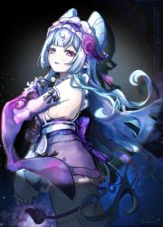 1girl absurdres apron bell blue_hair commentary detached_sleeves frilled_hairband frills from_side genshin_impact hairband hashtag-only_commentary highres japanese_clothes long_hair looking_at_viewer luta_(luta_1013) neck_bell nihongami open_mouth pointy_ears purple_eyes signature sleeveless solo tail tapir_tail twitter_username very_long_hair watermark white_apron wide_sleeves yumemizuki_mizuki
