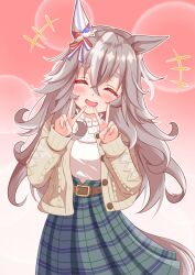 1girl animal_ears belt blush breasts commentary_request double_v grey_hair hair_between_eyes hair_ornament highres horse_girl jacket long_hair mokichi3356 open_mouth simple_background solo thick_eyebrows umamusume v wonder_acute_(umamusume)