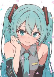 1girl amayomiyu aqua_eyes aqua_hair aqua_necktie bare_shoulders black_sleeves blush commentary detached_sleeves grey_shirt hair_intakes hair_ornament hatsune_miku leaning_forward long_hair looking_at_viewer necktie shirt shoulder_tattoo sleeveless sleeveless_shirt smile solo tattoo triangle tucking_hair twintails twitter_username upper_body variant_set vocaloid white_background