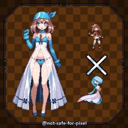1girl alternate_color alternate_costume arm_at_side artist_name babydoll bandana bare_shoulders blue_bandana blue_eyes blue_gloves blue_lips blue_panties blue_shoes blush border bow bow_panties breasts brown_background brown_hair cameltoe checkered_background closed_mouth cosplay elbow_gloves female_focus full_body gardevoir gardevoir_(cosplay) gen_3_pokemon gloves hand_up legs lingerie lipstick looking_to_the_side makeup may_(pokemon) medium_hair navel nintendo notsafeforpixel official_art_inset panties pixel_art pokemon pokemon_rse see-through_clothes shiny_pokemon shoes sidelocks small_breasts solo spaghetti_strap standing stomach thighs twitter_username underwear watermark white_babydoll