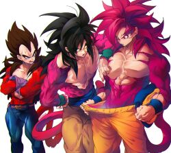 2boys black_hair blue_eyes body_fur brown_hair dragon_ball dragon_ball_daima dragon_ball_gt dual_persona monkey_tail multiple_boys muscular muscular_male no_nipples ommmyoh orange_pants pants red_fur red_hair son_goku super_saiyan super_saiyan_4 tail vegeta yellow_eyes