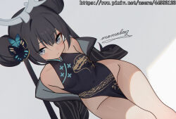 1girl absurdres black_dress black_hair blue_archive breasts china_dress chinese_clothes closed_mouth double_bun dress grey_eyes hair_bun highres kisaki_(blue_archive) loli long_hair looking_at_viewer momobug22 sitting small_breasts smile solo thick_thighs thighs