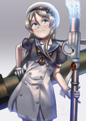 Rule 34 | 1girl, absurdres, black neckerchief, blue eyes, blue sailor collar, cowboy shot, dress, fgm-148 javelin, gloves, gradient background, grey background, grey hair, hat, highres, javelin (kancolle), kantai collection, long hair, looking at viewer, name connection, neckerchief, object namesake, rocket launcher, ron (pixiv83091338), rpg (weapon), sailor collar, sailor hat, short sleeves, solo, weapon, weapon request, white dress, white gloves, white hat