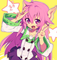 1girl :d antenna_hair borrowed_character collarbone collared_shirt commentary_request double_v fang flat_chest hair_between_eyes hair_flaps long_hair long_pointy_ears long_sidelocks long_sleeves looking_at_viewer metata open_mouth original pink_hair pointy_ears purple_eyes purple_skirt shirt sidelocks skirt smile solo star_(symbol) star_in_eye suzuka_sutera_(axiacid) symbol_in_eye v very_long_hair white_shirt wide_sleeves yellow_background