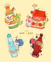 4girls :3 ^_^ absurdres animal_crossing apple apple_(animal_crossing) apple_slice arms_up belt black_eyes black_shirt blue_eyes blush blush_stickers bottle brown_sweater bubble buck_teeth candy carton cat_girl cherry cherry_(animal_crossing) closed_eyes closed_mouth commentary_request dog_girl dress drinking_straw eyelashes flower_symbol food fruit furry furry_female green_dress hamster_girl heart highres hugging_object juice juice_carton lollipop lolly_(animal_crossing) long_sleeves looking_at_viewer multiple_girls nintendo notice_lines orange_(fruit) orange_juice orange_slice ramune sharkbooi shirt short_sleeves simple_background sleeveless sleeveless_dress smile smirk snowflake_print soda soda_bottle spider_web_print star_(symbol) sweater tangy_(animal_crossing) teeth u_u white_belt white_shirt yellow_background