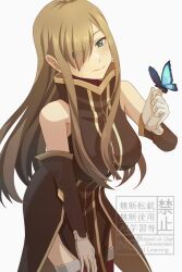 1girl black_dress blue_butterfly blush breasts brown_hair bug butterfly butterfly_on_hand closed_mouth commentary_request dress hair_over_one_eye insect komegura large_breasts long_hair looking_at_viewer simple_background smile solo standing tales_of_(series) tales_of_the_abyss tear_grants watermark white_background