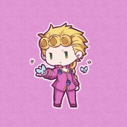 Rule 34 | 1boy, blonde hair, braid, bug, butterfly, chibi, commentary request, full body, giorno giovanna, green eyes, highres, insect, jitome, jojo no kimyou na bouken, kasasagi (hinagi), long hair, long sleeves, male focus, outline, pink background, solo, vento aureo, white outline