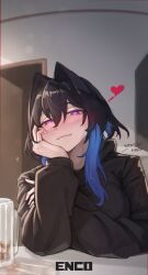 1girl absurdres artist_name black_hair black_hoodie blue_hair blush closed_mouth commentary cup drunk enc_ods english_commentary hair_intakes hand_on_own_cheek hand_on_own_face head_rest heart heart-shaped_pupils highres hololive hololive_english hood hoodie indoors mug multicolored_hair ouro_kronii solo symbol-shaped_pupils table two-tone_hair virtual_youtuber