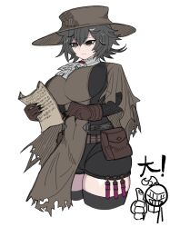 1girl ascot black_bodysuit black_eyes black_hair black_shorts black_souls black_souls_2 black_thighhighs blackwell_(black_souls) bodysuit breasts brown_bag brown_coat closed_mouth coat grey_eyes grimm_(black_souls) heterochromia highres huge_breasts koshou_shou_mitsu pouch short_hair shorts solo thighhighs vial white_ascot