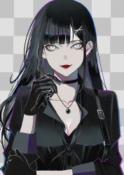 1girl absurdres black_choker black_gloves black_hair black_shirt blue_eyes breasts choker cigarette cleavage ear_piercing eyeliner gloves highres holding holding_cigarette large_breasts long_hair looking_at_viewer makeup mole mole_under_eye original piercing red_lips shirt syakemayusan white_eyes