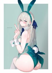 1girl absurdres alternate_costume animal_ear_hairband animal_ears aqua_leotard ass blush border breasts closed_mouth fake_animal_ears firefly_(honkai:_star_rail) from_behind grey_hair hairband hand_up highres honkai:_star_rail honkai_(series) leotard looking_at_viewer looking_back outside_border playboy_bunny purple_eyes rabbit_ear_hairband rabbit_ears rabbit_tail sitting solo tail tapioca_1022 thighhighs v white_border white_thighhighs wrist_cuffs