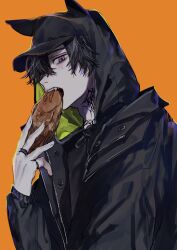Rule 34 | 1boy, adam&#039;s apple, baseball cap, black hat, black hoodie, black jacket, fang, food, food in mouth, hair over one eye, hat, highres, holding, holding food, hood, hoodie, jacket, jewelry, looking at viewer, male focus, mole, mole above eye, mole under eye, multicolored eyes, neck tattoo, open mouth, original, purple eyes, red eyes, ring, short hair, solo, taiyakitarou, tattoo, two-tone eyes, zipper