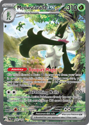 artist_name blue_sky card_(medium) character_name cloud company_name copyright_name copyright_notice english_text floragato leaf looking_back meowscarada nintendo official_art outdoors pink_eyes pokemon pokemon_(creature) pokemon_card pokemon_focus pokemon_tcg saitou_kouki sky smile solo standing sunlight third-party_source trading_card tree water