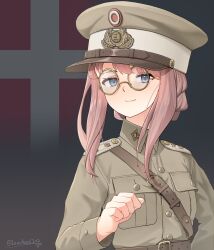 Rule 34 | 1girl, absurdres, artist name, belt, blue eyes, breast pocket, brown belt, brown jacket, closed mouth, commentary, danish army, danish flag, denmark, flag background, glasses, hat, highres, jacket, leochan1202, long sleeves, looking at viewer, military, military rank insignia, military uniform, original, peaked cap, pink hair, pocket, sidelocks, smile, soldier, solo, upper body, world war ii