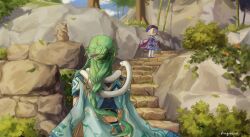 1boy 1girl animal animal_around_neck aqua_coat baizhu_(genshin_impact) bamboo bead_necklace beads blue_shirt braid bush changsheng_(genshin_impact) coat coat_on_shoulders commentary cropped_shirt dress facing_away falling_leaves from_behind full_body genshin_impact grass green_hair hagihino hair_bun hair_ornament hair_over_one_eye hair_stick half_updo hat highres jewelry leaf long_hair long_sleeves looking_at_another looking_back necklace ofuda open_mouth outdoors purple_dress purple_eyes purple_footwear purple_hair purple_headwear qingdai_guanmao qiqi_(genshin_impact) shirt short_sleeves single_braid snake stairs standing statue stone_stairs symbol-only_commentary thighhighs tree upper_body white_snake white_thighhighs