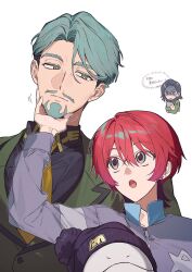 Rule 34 | 1boy, 2girls, amate yuzuriha, aqua eyes, beanie, beard, black hair, black hat, challia bull, commentary request, comoli harcourt, crossed arms, facial hair, green eyes, green hair, gundam, gundam gquuuuuux, haro, hat, highres, kitsune (ly howe), long sleeves, multicolored eyes, multiple girls, mustache, necktie, open mouth, red eyes, red hair, shaded face, short hair, track suit