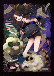 10s 1girl bare_shoulders blue_eyes book bracelet brown_hair buzz_(moi) cottonee creatures_(company) game_freak gen_2_pokemon gen_5_pokemon hair_ornament hairclip high_heels hilda_(pokemon) inkwell jewelry long_hair mareep necktie nintendo open_mouth pages pokemon pokemon_(creature) pokemon_bw ponytail quill sheep shoes short_shorts shorts sleeveless smile star_(sky) star_(symbol) whimsicott