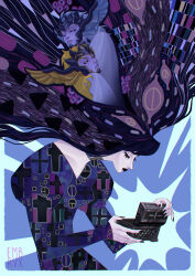 1girl 2boys absurdres black_dress black_hair black_helmet black_lips black_nails black_sclera blending blonde_hair box brothers closed_eyes colored_sclera dress embrvx expressionless eyelashes fingernails floating_hair gold_trim grey_eyes grey_hair gustav_klimt_(style) head_wings helmet highres holding holding_box hypnos_(saint_seiya) jewelry juliet_sleeves lipstick long_fingernails long_hair long_sleeves looking_at_viewer makeup metal_wings multiple_boys nail_polish neck_ring opening pale_skin pandora_(saint_seiya) parody puffy_sleeves saint_seiya siblings sleeves_past_wrists solo_focus style_parody thanatos_(saint_seiya) twins two-tone_headwear u_u upper_body very_long_hair winged_helmet wings yellow_sclera