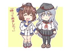 Rule 34 | 2girls, akatsuki (kancolle), akatsuki (kancolle) (cosplay), anchor symbol, black legwear, black sailor collar, black skirt, blue eyes, blue sailor collar, brown hair, cherry blossoms, closed eyes, commentary request, cosplay, dress, flat cap, flower, grey neckerchief, hair flower, hair ornament, hat, headset, hibiki (kancolle), holding hands, kantai collection, long hair, multiple girls, neckerchief, original remodel (kantai collection), pantyhose, pleated skirt, red neckerchief, sailor collar, sailor dress, school uniform, serafuku, short hair, silver hair, skirt, speaking tube headset, standing, translation request, tsubame kaeshi, yukikaze (kancolle)