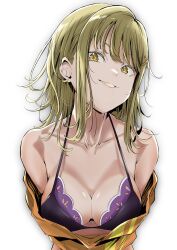 1girl absurdres blonde_hair bra breasts cleavage collarbone commentary hair_down highres looking_at_viewer love_live! love_live!_nijigasaki_high_school_idol_club medium_breasts medium_hair miyashita_ai off_shoulder orange_eyes orange_shirt purple_bra shirt sidelocks smile solo tommer underwear upper_body white_background
