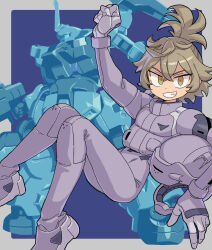 1girl bodysuit brown_eyes brown_hair clenched_hand commentary commission crossed_bangs felsi_rollo gloves grey_bodysuit grey_gloves grin gundam gundam_suisei_no_majo hair_between_eyes helmet highres holding holding_helmet looking_at_viewer mecha mecha_pilot_suit mecha_request mizuno_(okn66) normal_suit_(gundam) ponytail robot simple_background skeb_commission smile solo